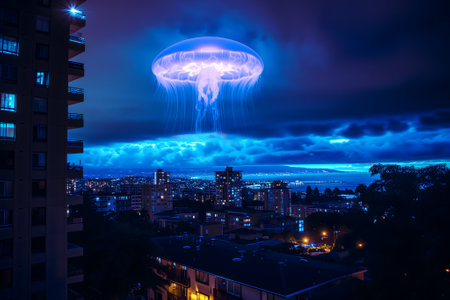 Glowing blue jellyfish UFO over night cityの素材