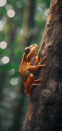 A frog resting on a tree branch in dense junglesの素材