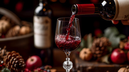 A wine bottle, with its elegant shape and deep red liquid inside, is being poured into a crystal glass, ready to be enjoyed during a romantic dinner.の素材