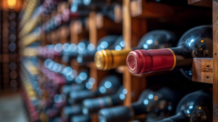 wine racks in a luxury cellar, closeup with selective focusの素材