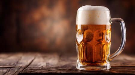 cold mug with beer, with overflowing froth, on wooden table and dark background with copy space, side viewの素材