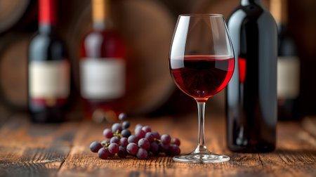 Glass with red wine and wine bottle on the right over a wooden table in the pub background with copy space.の素材