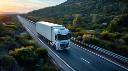 white European semitruck is seen from the sky on a highway backed by vegetationの素材