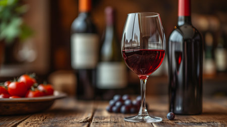 Glass with red wine and wine bottle on the right over a wooden table in the pub background with copy space.の素材