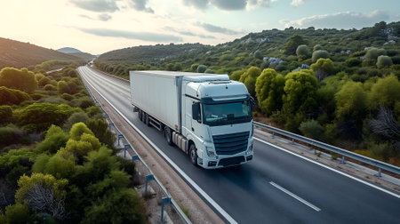 white European semitruck is seen from the sky on a highway backed by vegetationの素材