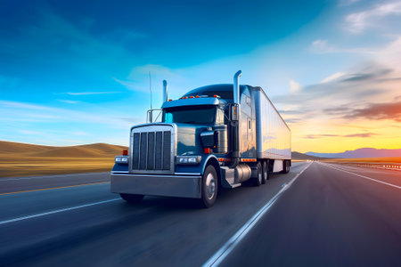 American long-nose semitruck on a highwayの素材