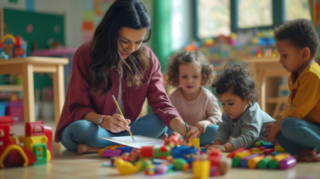 Beautiful teacher and group of toddlers sitting on the floor drawing using paper and pencil around lots of toys at kindergartenの素材