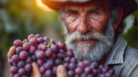 close-up shot of weathered farmer hands gently harvesting ripe grapes in a sunlit vineyardの素材