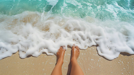 persons legs on a sandy beach as they enjoy the soothing approach of foamy ocean waves, capturing the essence of relaxation and summertime blissの素材
