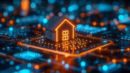 House hologram over cellphone in futuristic digital backgroundの素材