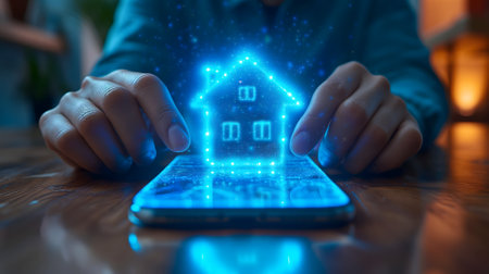 House hologram over cellphone in futuristic digital backgroundの素材