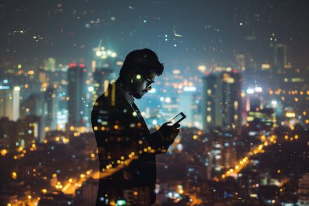 Double exposure of business and a city - Indian businessman using a digital tablet superimposed on a city skylineの素材