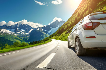 Car traveling with a mountain road at summer day.の素材