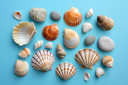 Seashells, pebbles, mockup on blue background. Blank, top view, still life, flat lay. Sea vacation travel concept tourism and resorts. Summer holidays.の素材