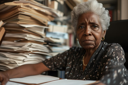 senior African American woman in an office, overwhelmed by a mountains of paperworkの素材