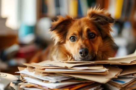 dog in an office, overwhelmed by a mountains of paperworkの素材