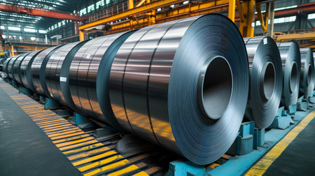 Packed rolls of steel sheet, Cold rolled steel coils in a warehouseの素材