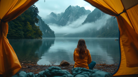 Close-up of a tent in the foreground and mountains with fog in the background with a lake or river in the foreground.の素材