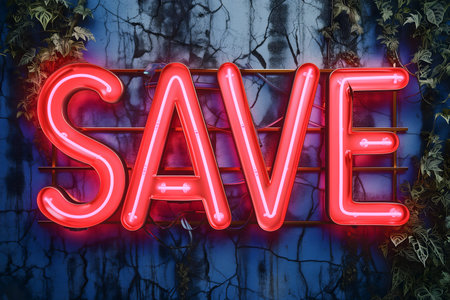Neon word SAVE on dark shabby wallの素材