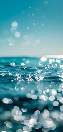 Sunny day bokeh on water: Blue sky over a turquoise body of water, with the light reflecting and creating a bokeh effect.の素材