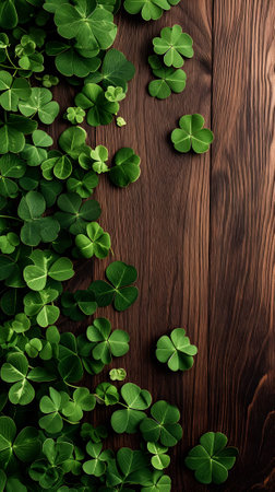 brown wooden planks board with clover - background for St. Patricks dayの素材