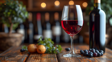 Glass with red wine and wine bottle on the right over a wooden table in the pub background with copy space.の素材