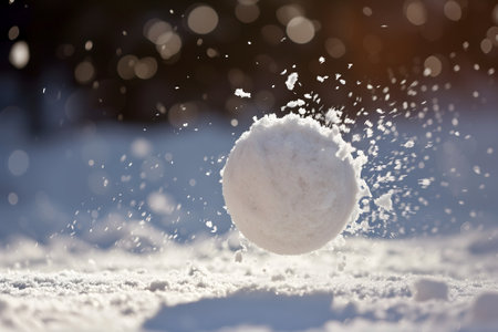Snowball on snow covered ground at sunny winter day for snow ball effect conceptの素材