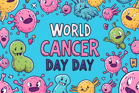 Simple cartoon world cancer day background with the inscription on it, surrounded with colorful happy tumorsの素材