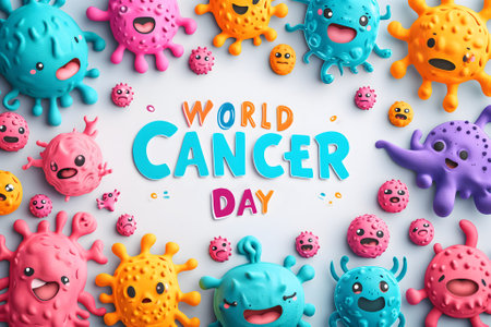 Simple cartoon world cancer day background with the inscription on it, surrounded with colorful happy tumorsの素材