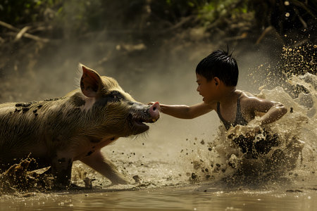 Boy with a pig in a dirt. Never wrestle with a pig because you will both get dirty and the pig likes it.の素材