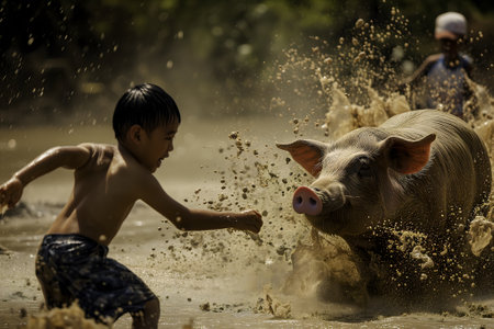 Boy with a pig in a dirt. Never wrestle with a pig because you will both get dirty and the pig likes it.の素材