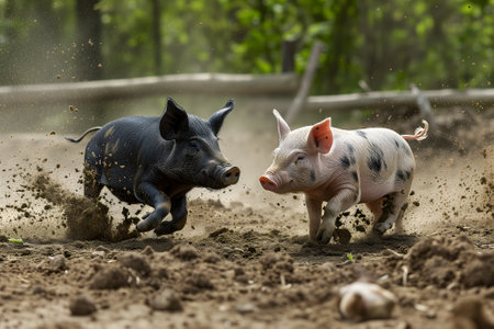 Two pigs running in a dirt at sunny day with splashes of mudの素材