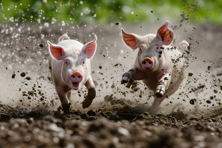 Two pigs running in a dirt at sunny day with splashes of mudの素材