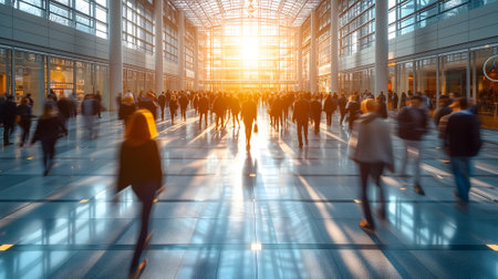 Many business people walking in bright office lobby fast moving with blurry.の素材