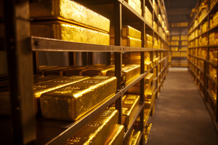 generic gold reserve vault with stacks of gold barsの素材
