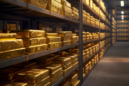 generic gold reserve vault with stacks of gold barsの素材