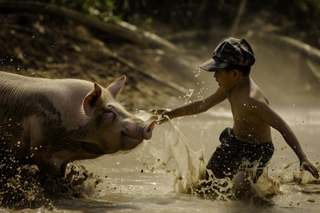 Boy with a pig in a dirt. Never wrestle with a pig because you will both get dirty and the pig likes it.の素材