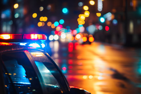police car lights at night in city street with selective focus and bokehの素材