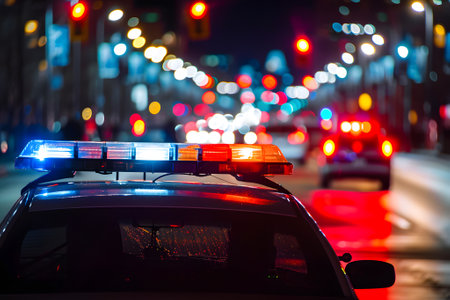 police car lights at night in city street with selective focus and bokehの素材