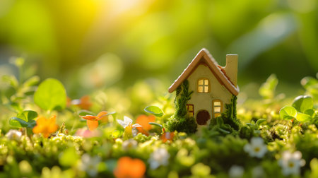 Tiny toy house on spring grass sprouts.の素材