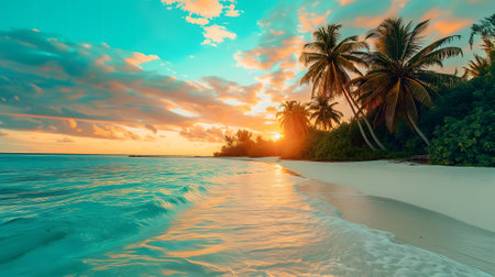 tropical beach view at sunset or sunrise with white sand, turquoise water and palm treesの素材