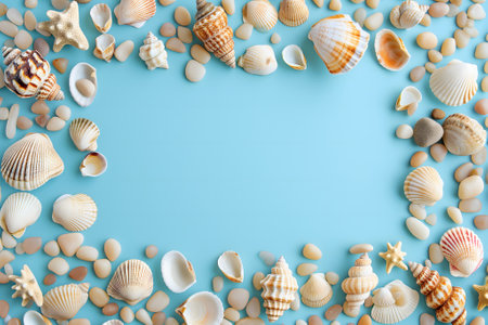 Seashells, pebbles, mockup on blue background. Blank, top view, still life, flat lay. Sea vacation travel concept tourism and resorts. Summer holidays.の素材