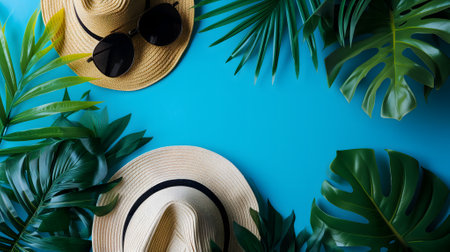 Hats, sunglasses, palm tree leaves on blue background. Blank, top view, still life, flat lay. Sea vacation travel concept tourism and resorts. Summer holidays.の素材