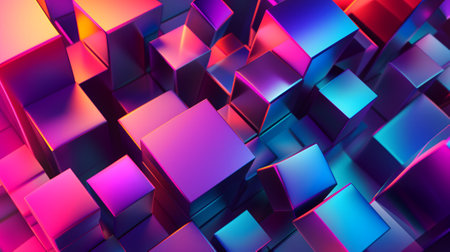 abstract background of glass cubes with colorful orange and pink lightingの素材