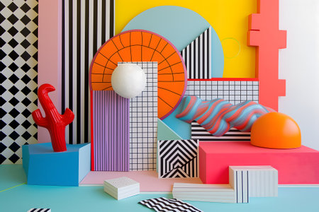 abstract background of playful convergence of 2D pop-art graphics and 3D geometric shapes creating a vibrant multiverse portal, embodying high-energy and big-impact visualsの素材