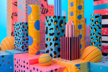 abstract background of playful convergence of 2D pop-art graphics and 3D geometric shapes creating a vibrant multiverse portal, embodying high-energy and big-impact visualsの素材