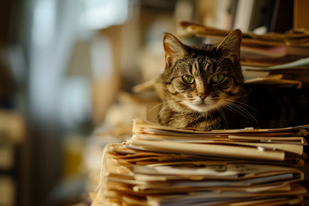 cat in an office, overwhelmed by a mountains of paperworkの素材