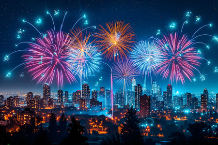 A spectacular image of fireworks illuminating the night sky over a cityの素材
