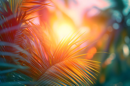 Vibrant sunny backdrop palm leaves with golden sun light.の素材