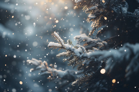 generic snowfall over snow covered spruce branch, closeup with selective focusの素材